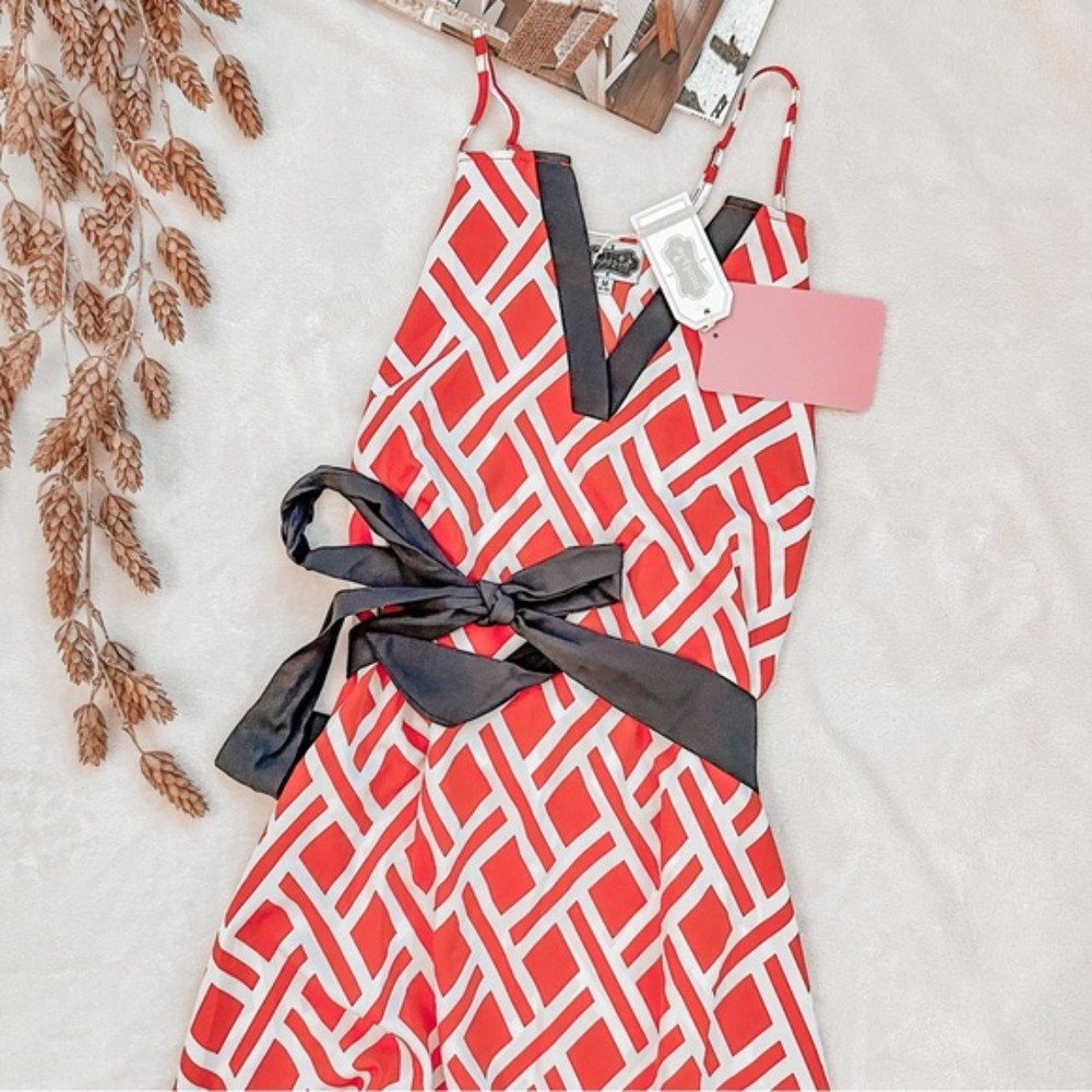 Mud Pie Red and White Geometric Mini Dress with Black Waist Tie